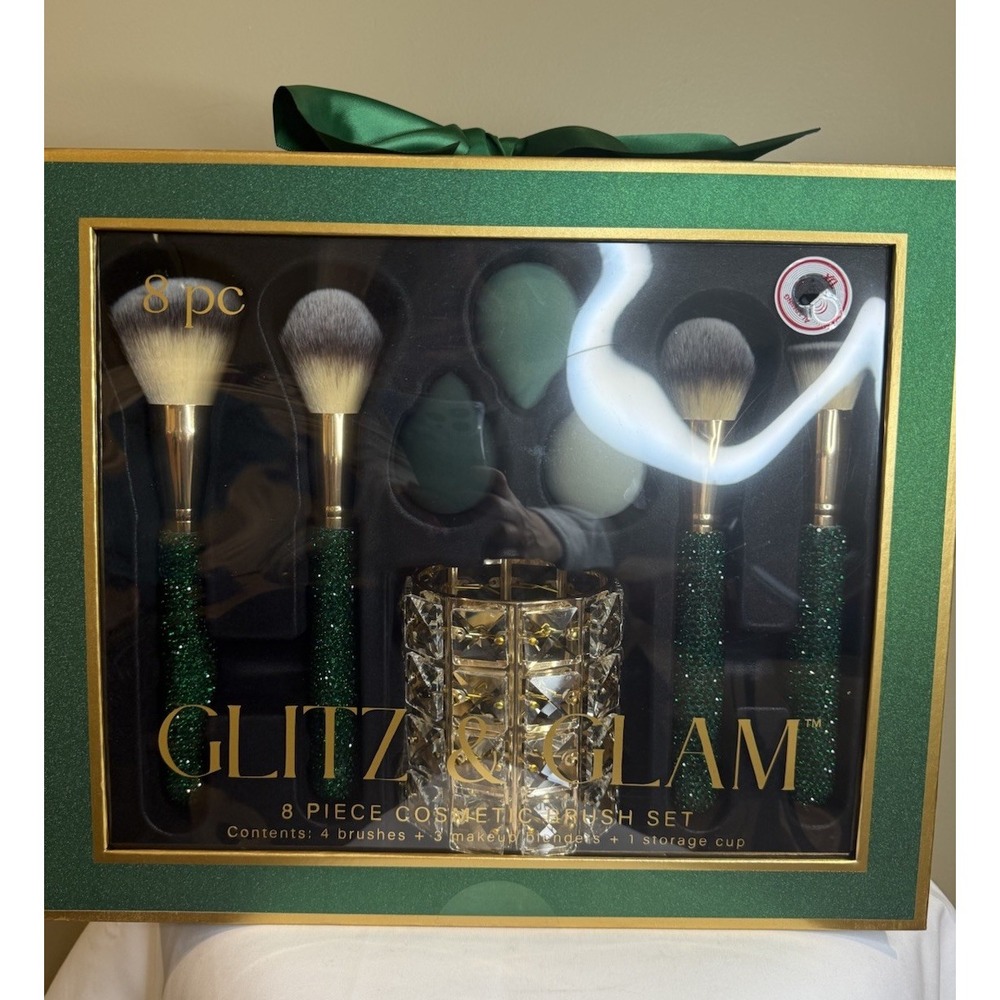 NEW Glitz & Glam Makeup Brush Set 8 Piece Cosmetic Brush Set Green Rhinestone